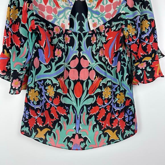 Maeve Folkart Kimono Silk Blouse Keyhole Back Bell Sleeves Sheer Womens Size 0 - Picture 11 of 13